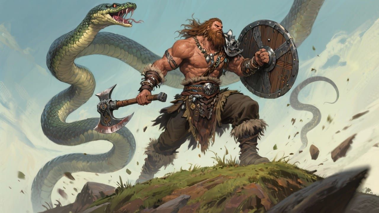 Barbarian Warrior with Axe and Shield in Dynamic Battle Pose