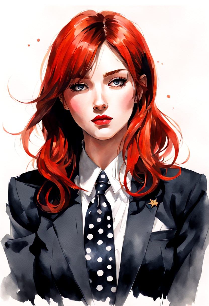 A Gilded Harajuku Woman in Polka Dots, Painted in Inkwash St...