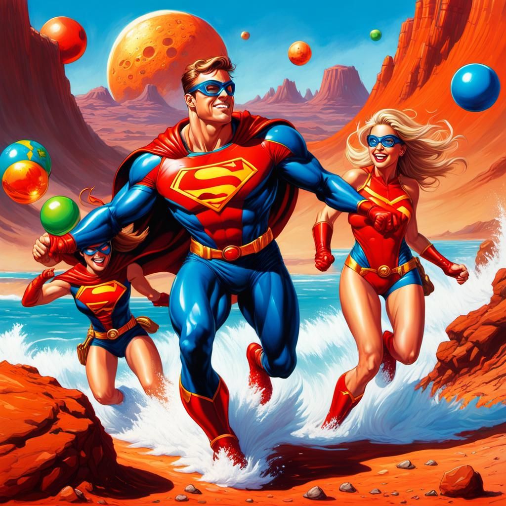 Superheroes Vacationing on Mars in Comic Book Graffiti Style
