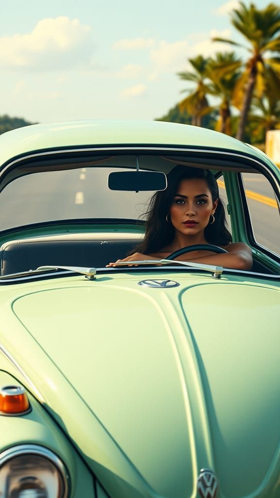 1960s Volkswagen Beetle with Elegant Woman, Realistic Speed