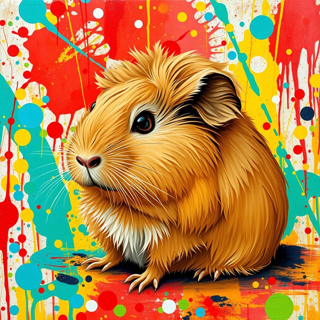 Warm and Fuzzy Guinea Pig in Vibrant, Splattered Colors