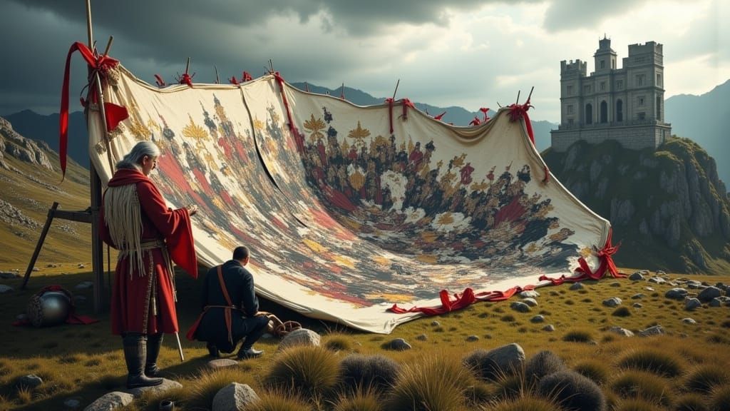 Ancient Castle & Colossal Canvas in Twilight Mist