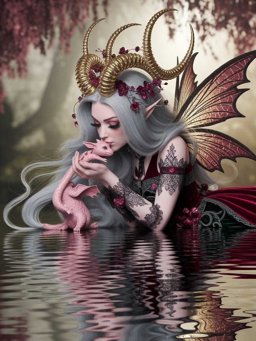 A ravishing female fairy, 3/4 profile, with long flowing lig...