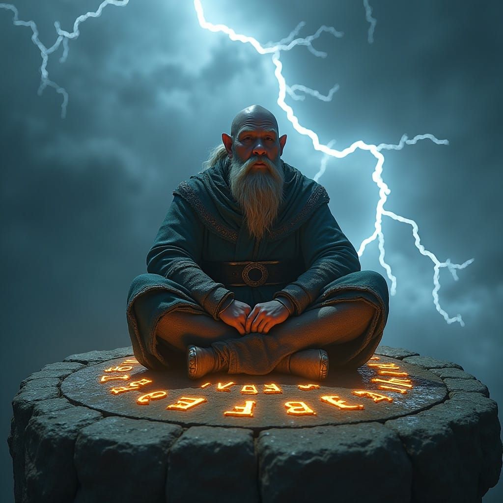 Dwarf Monk Meditating on Ancient Runes Amidst a Turbulent St...