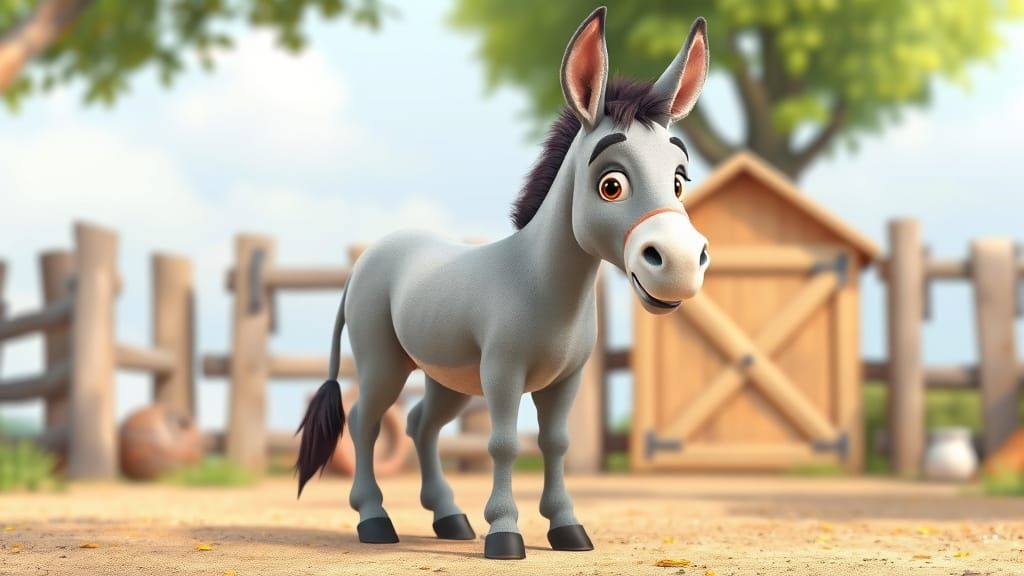 Charming Donkey in Whimsical Barnyard Scene