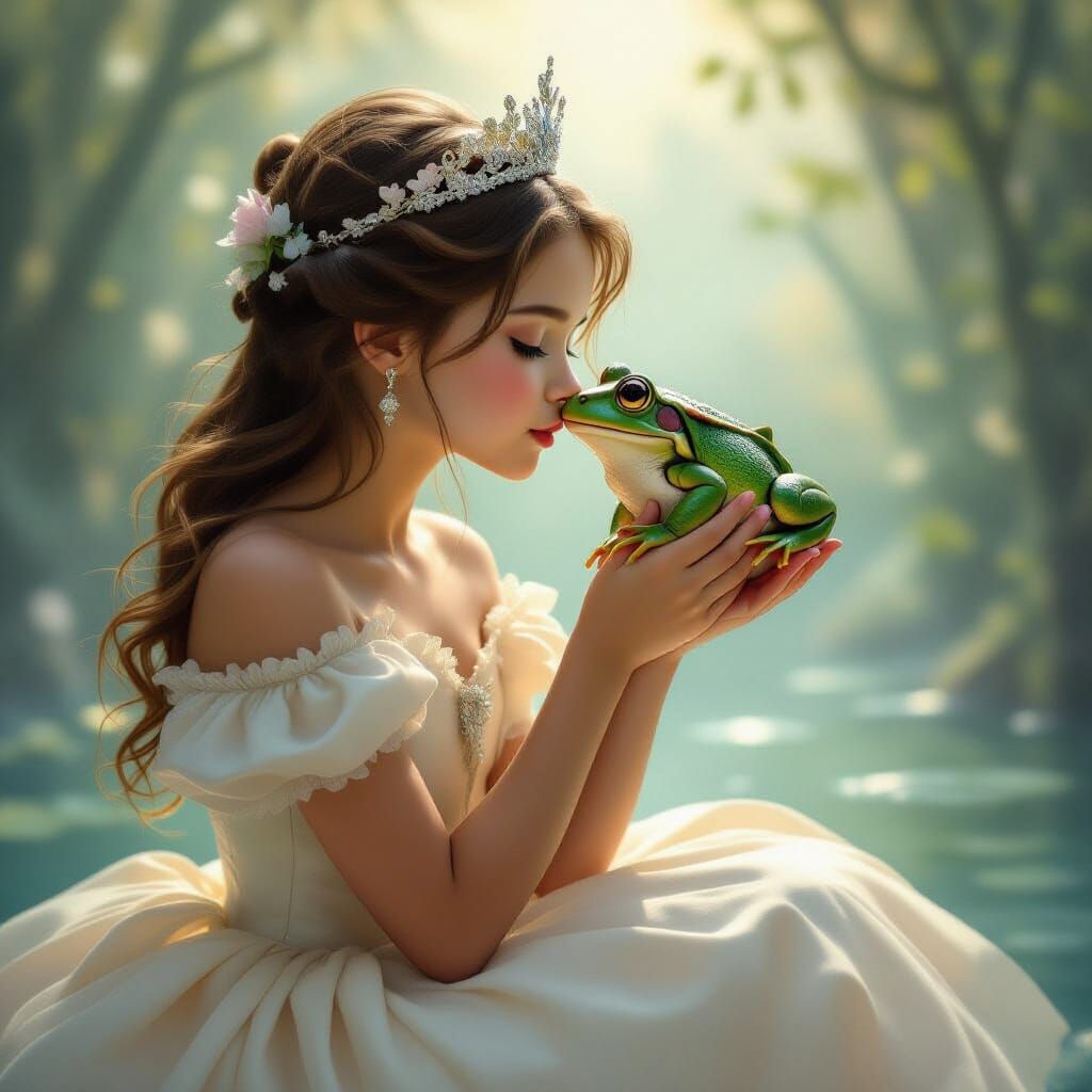 Princess Kisses Frog in Dreamy, Realistic Scene