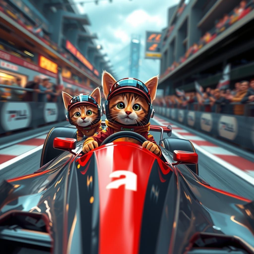 Futuristic Feline Racing Team Speeds Down Winding Track