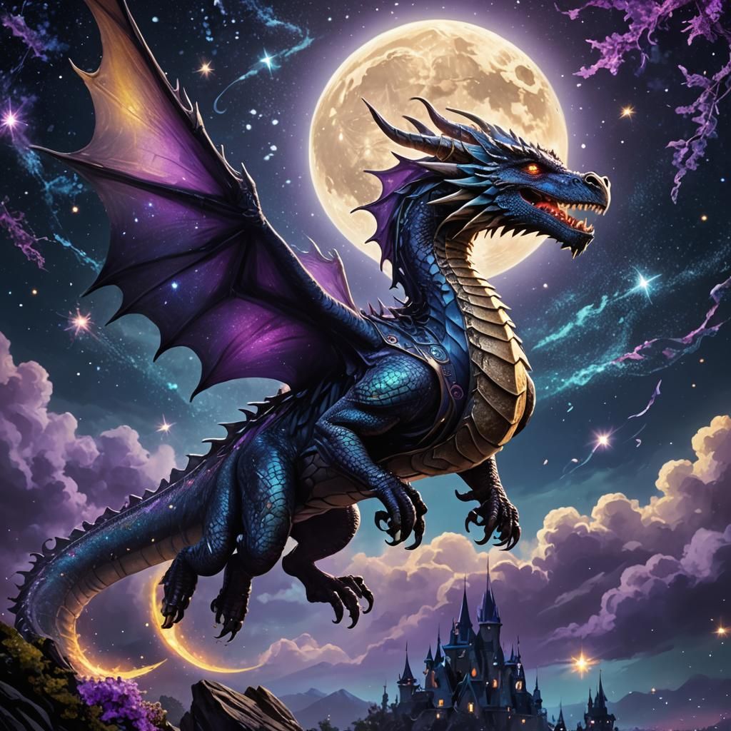 Dragon in Flight at Night: Fantasy Concept Art