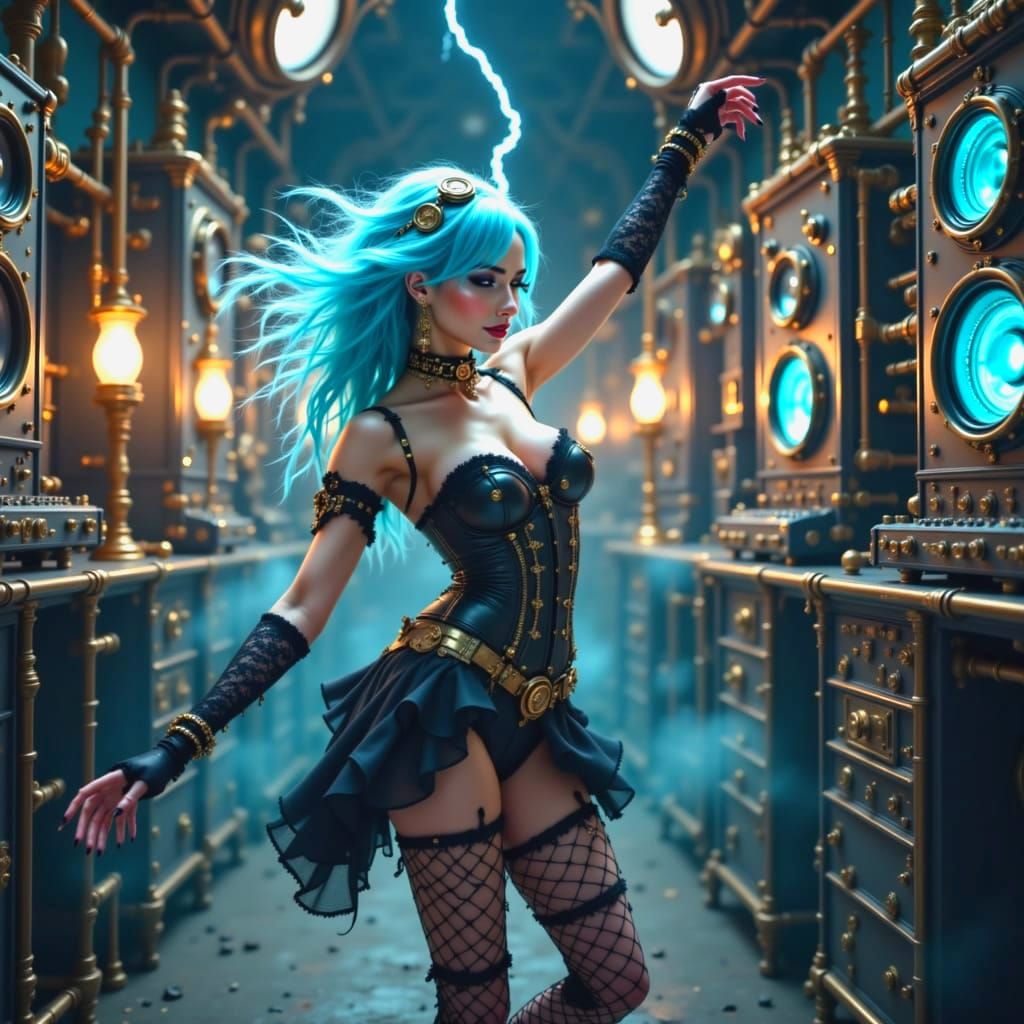 Steampunk Siren Dances Under Neon Lights