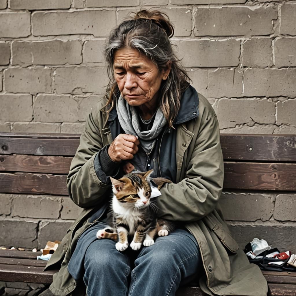Homeless Woman with Kitten Lost in Thought