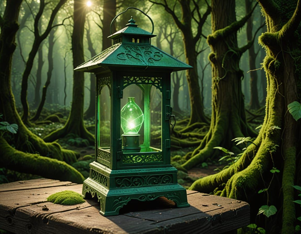 Emerald Lantern in Ancient Forest, Elvish Fantasy