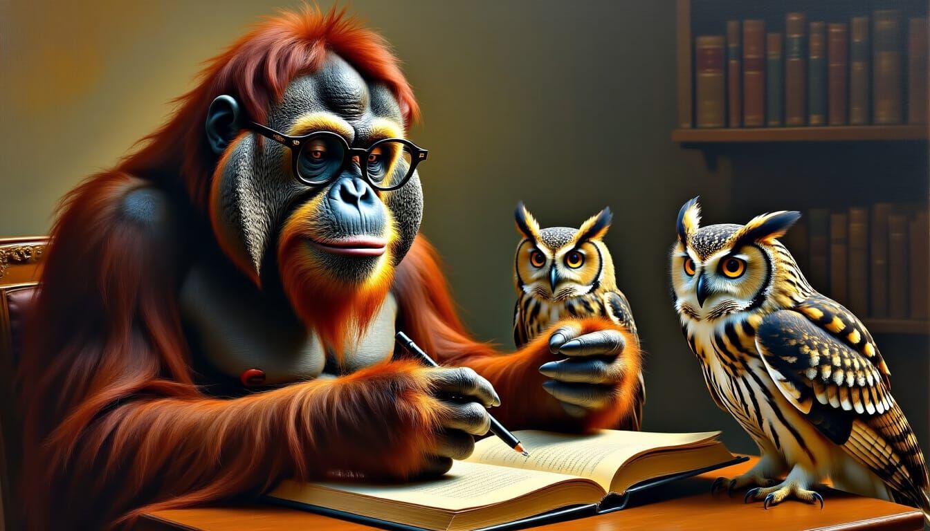 Orangutan Professor Teaches Owl Class: Surreal Art