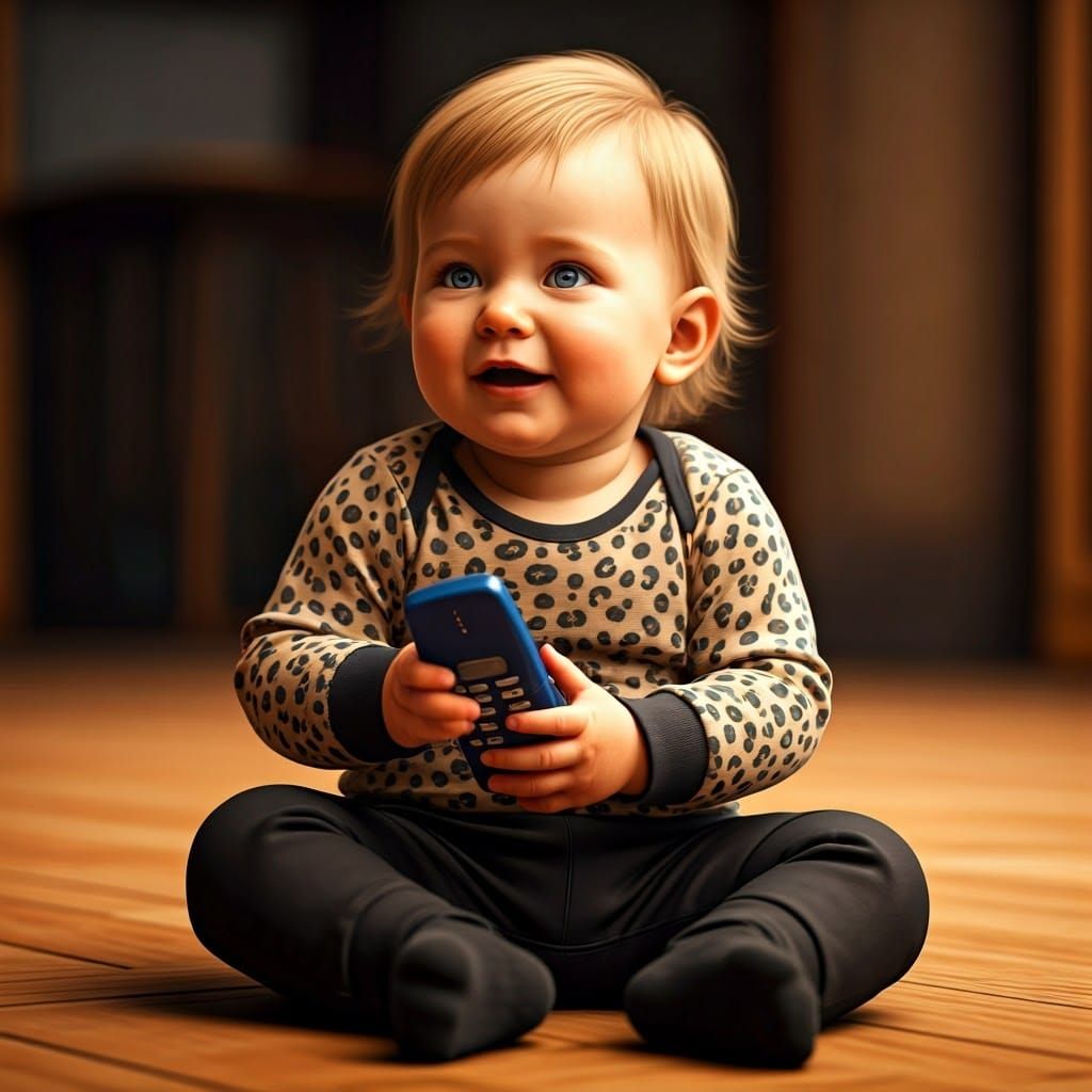 Chubby Baby Holds Vintage Nokia in Joyful Dystopian Scene