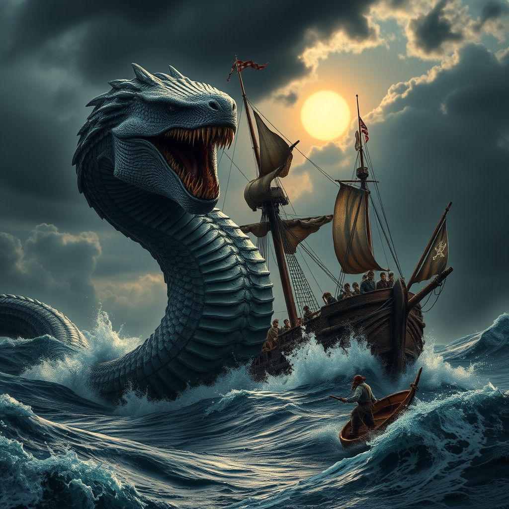 Sea Serpent Attack on Pirate Ship in Surreal Style