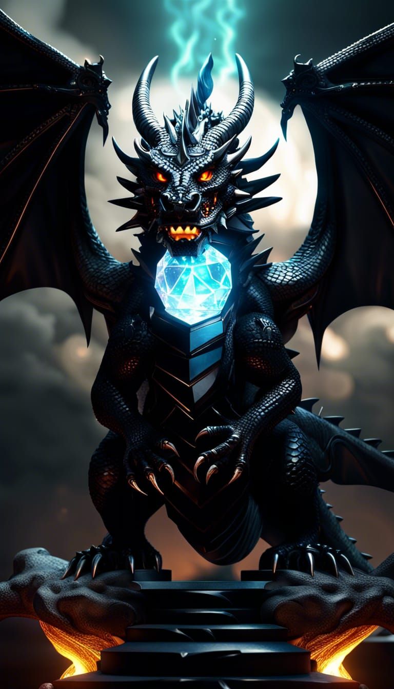 Menacing Black Dragon God with Crystal Chest in 3D