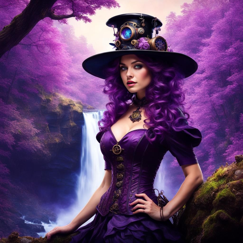Steampunk Witch in Amazonian Waterfall Forest