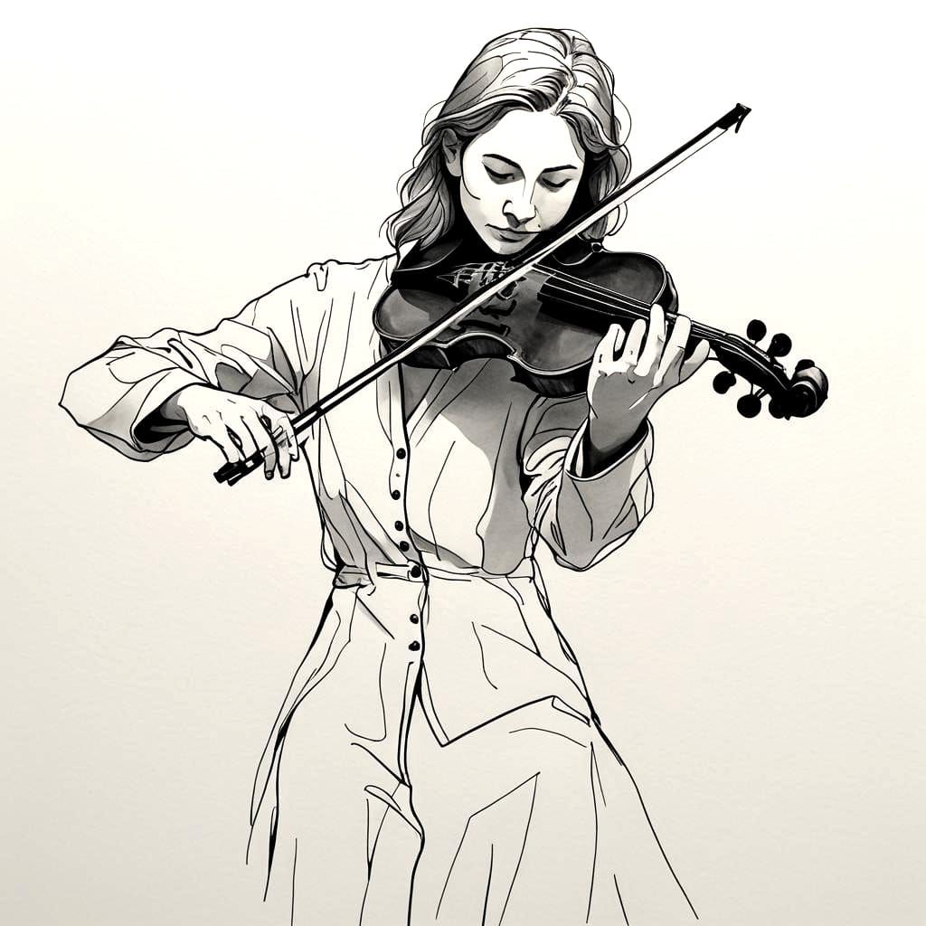 Minimalist Line Art: Violin Player in Pen Ink
