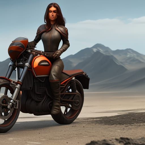 Brunette on Motorcycle: Detailed Matte Painting