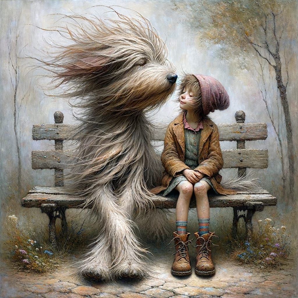 Girl and Scruffy Dog Relax in Whimsical Oil Paint Scene
