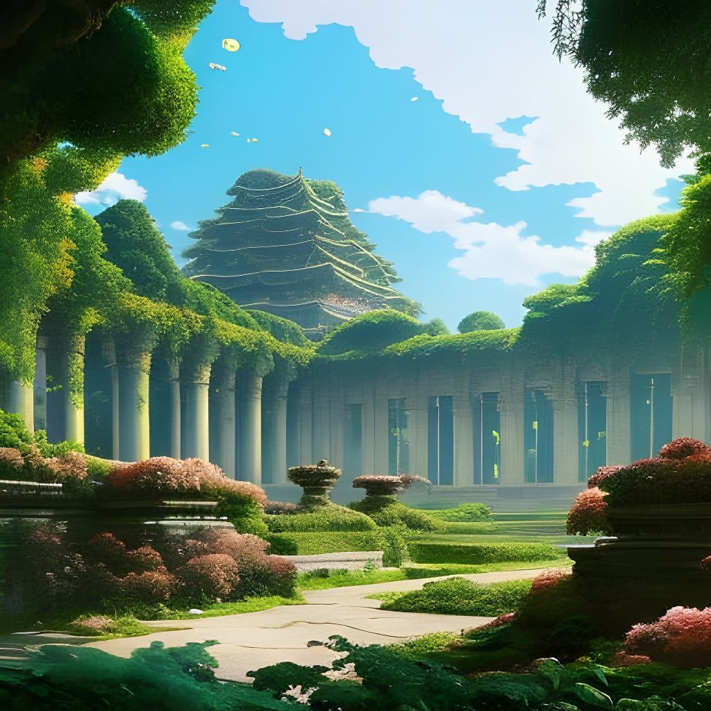 Temple Ruins Reclaimed by Nature in Anime Style