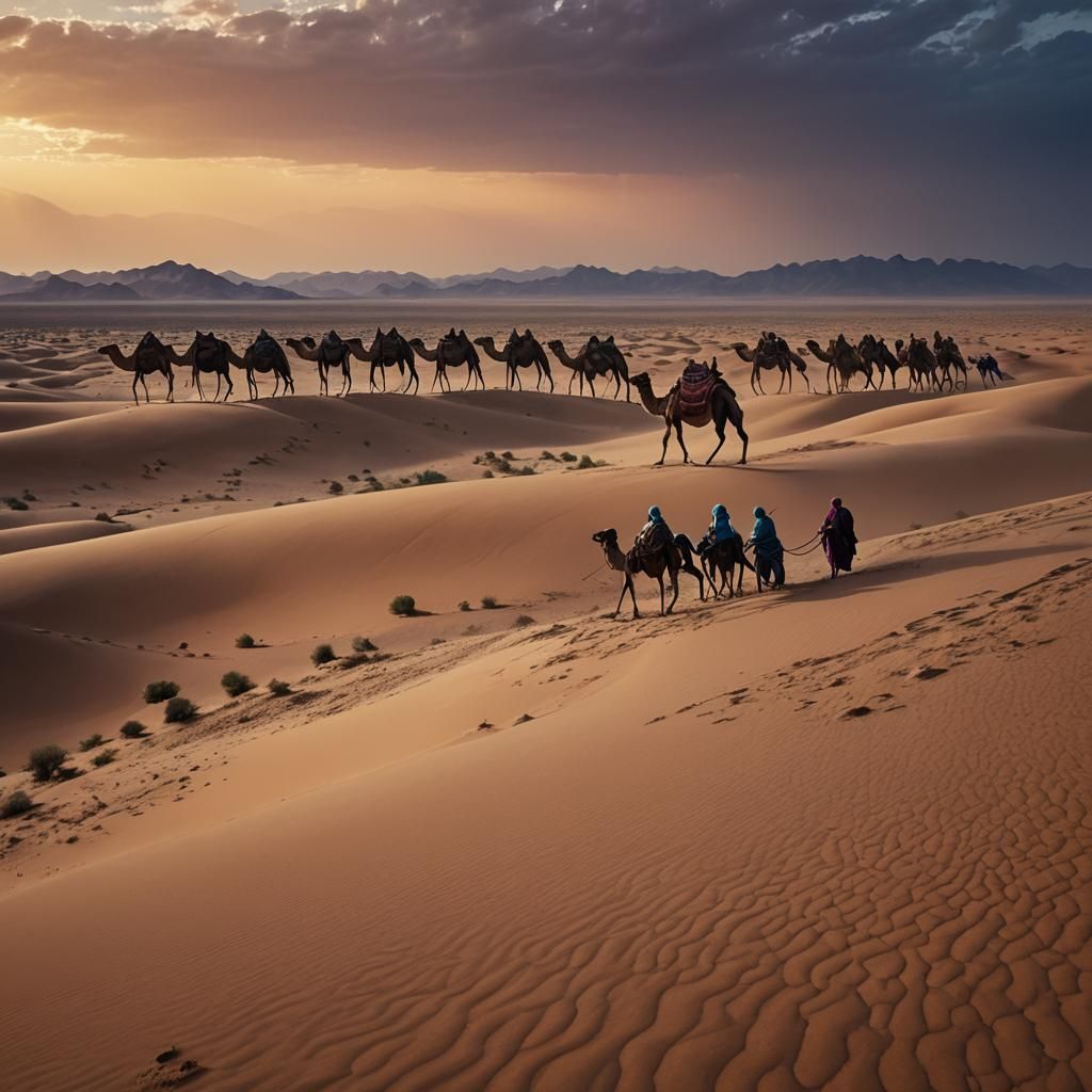 Dramatic Desert Sunset: Camel Train in Fantasy Landscape