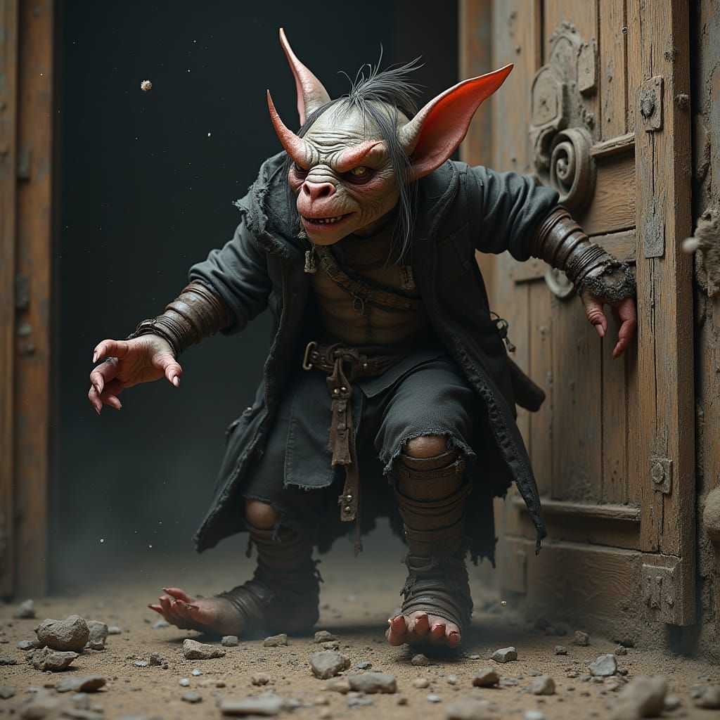 Evil Goblin Kicks Door in Dark Fantasy 3D Render
