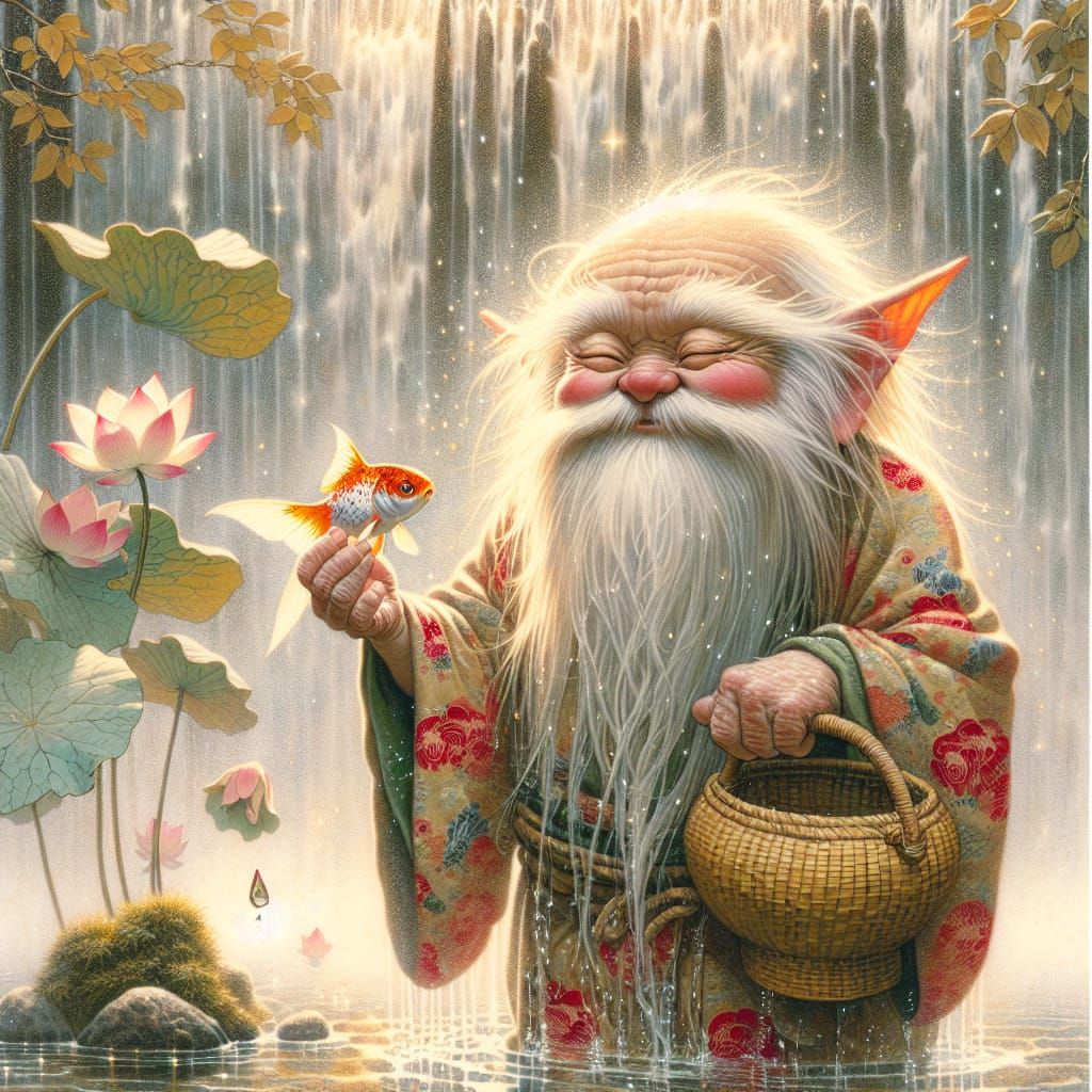 Gremlin and Goldfish by Waterfall in Ukiyo-e Style