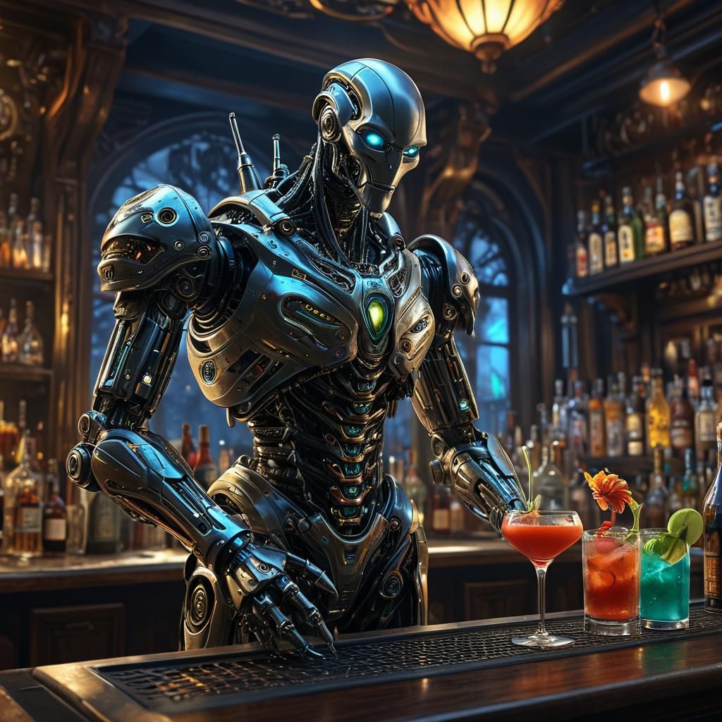 Robot Bartender in Mystical Setting: Digital Illustration
