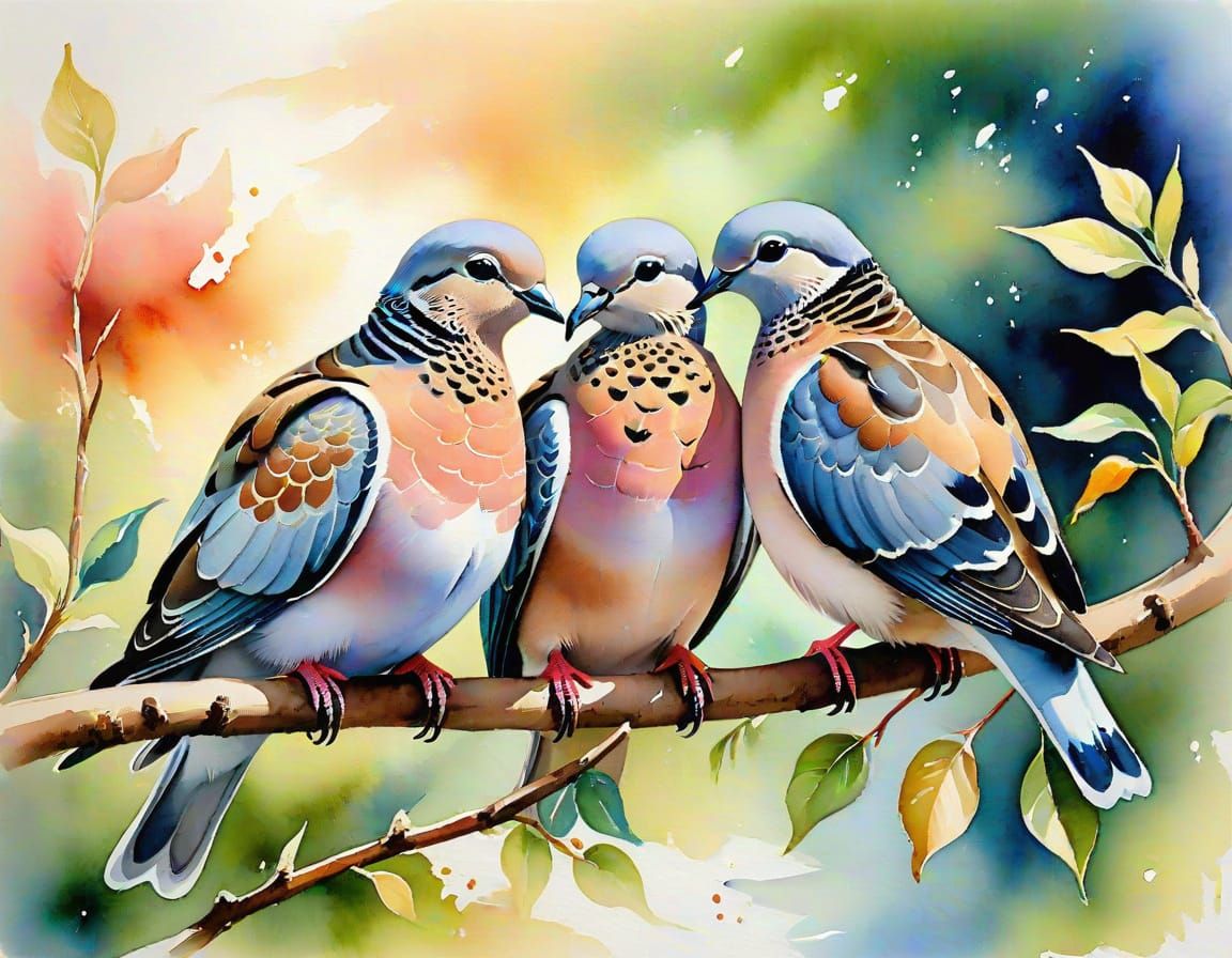 Watercolor Turtle Doves in Impressionist Style