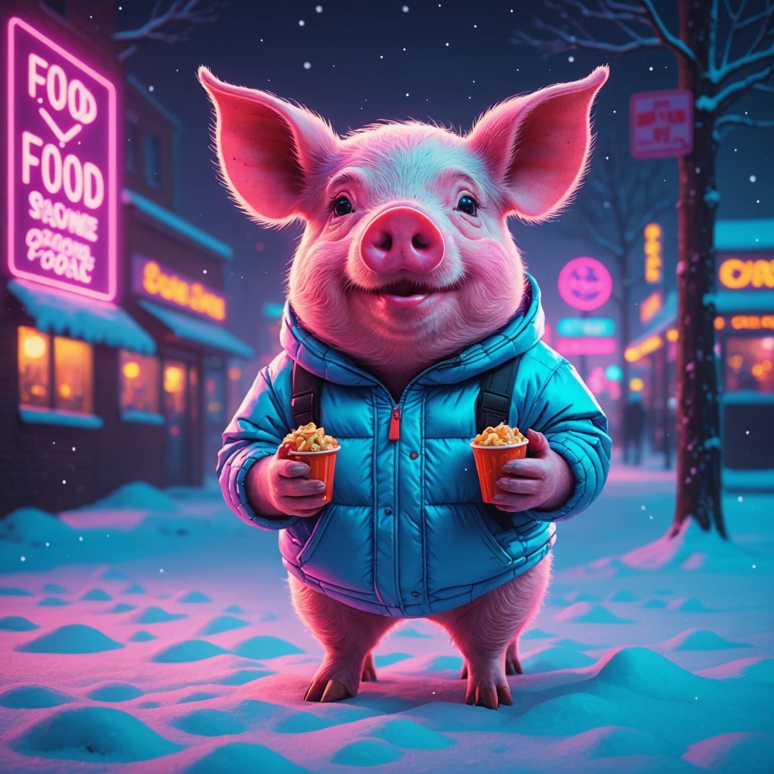 Cute Pig's Winter Plea: Synthwave Neon Retro