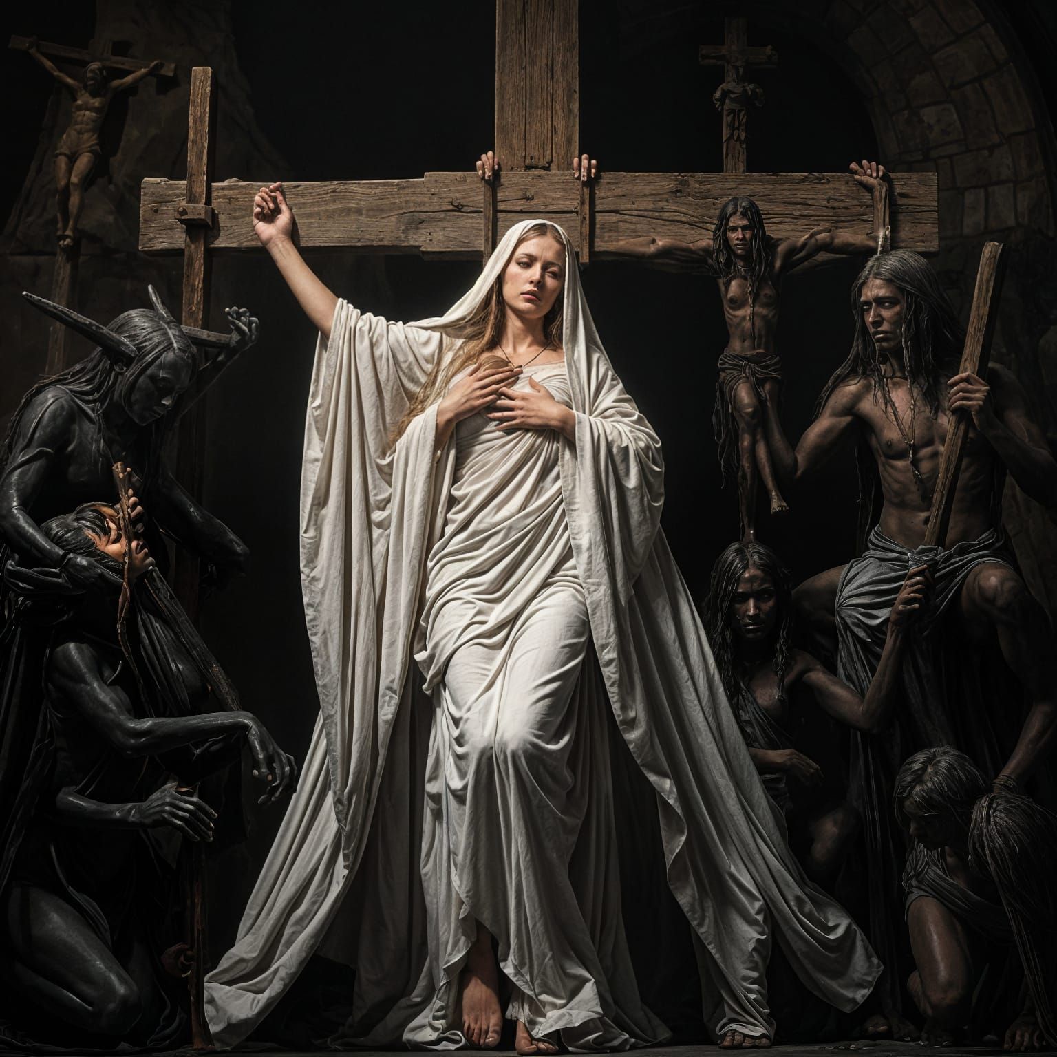 Crucified Woman Surrounded by Demons