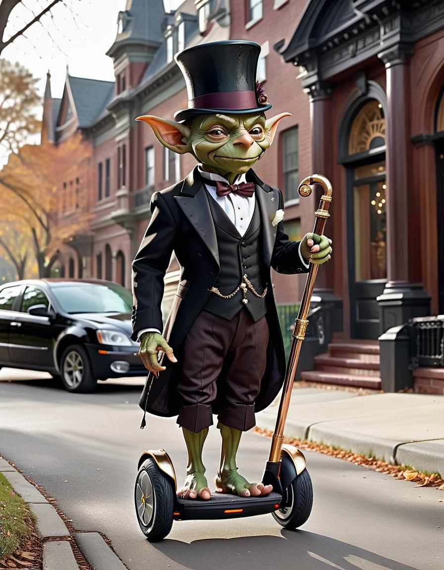 goblin wearing classic tuxedo and bowler hat spats holding a...