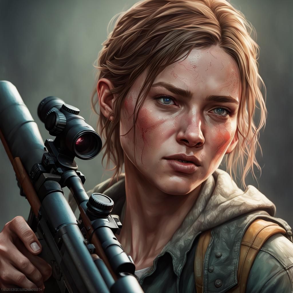 Ellie Williams Portrait Holding Rifle, Detailed Concept Art