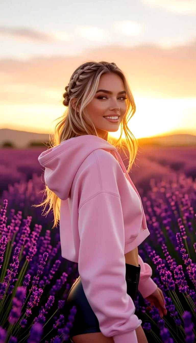 Woman in Lavender Field at Sunset Portrait