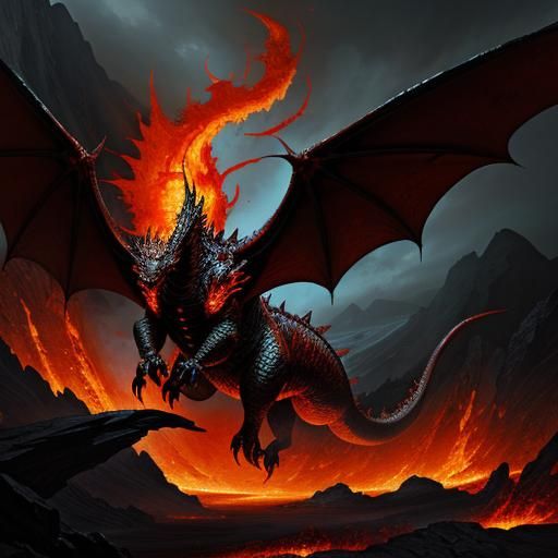 Fire Dragon in Lava Landscape: Dark Fantasy Art
