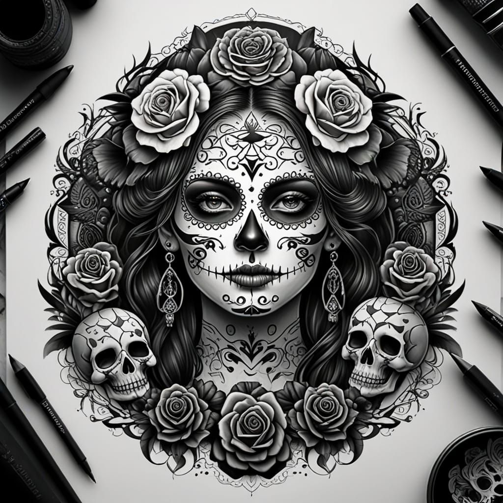 Sugar Skull Woman Tattoo Flash Sheet in Gothic Style