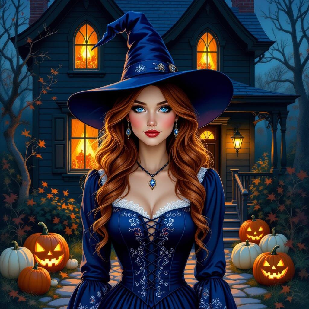 Pretty Witch with Blue Eyes Before Dark House