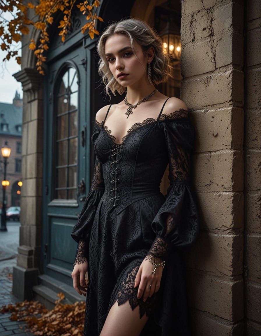 Gothic Woman in Lace Dress, Hyperrealistic Digital Portrait