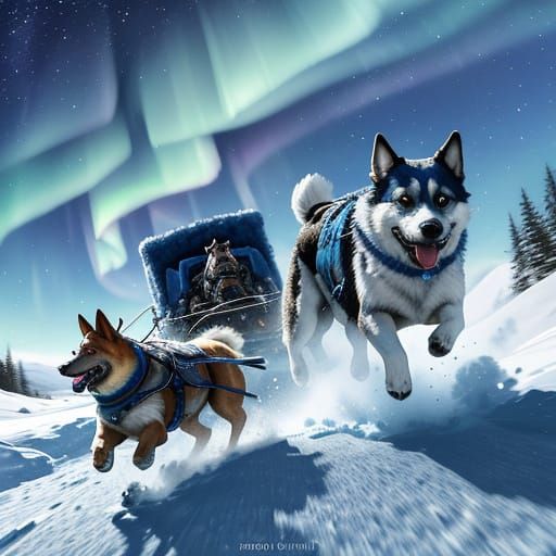 Dogs Pulling Sled Through Snowy Landscape