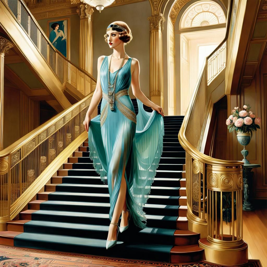 Art Deco Woman Descending Grand Staircase