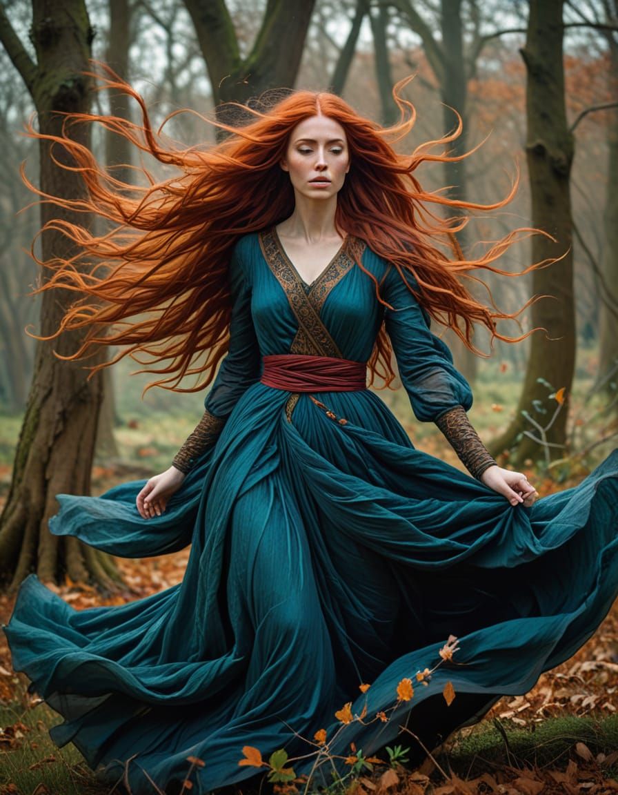 Windblown Woman in Pre-Raphaelite Style
