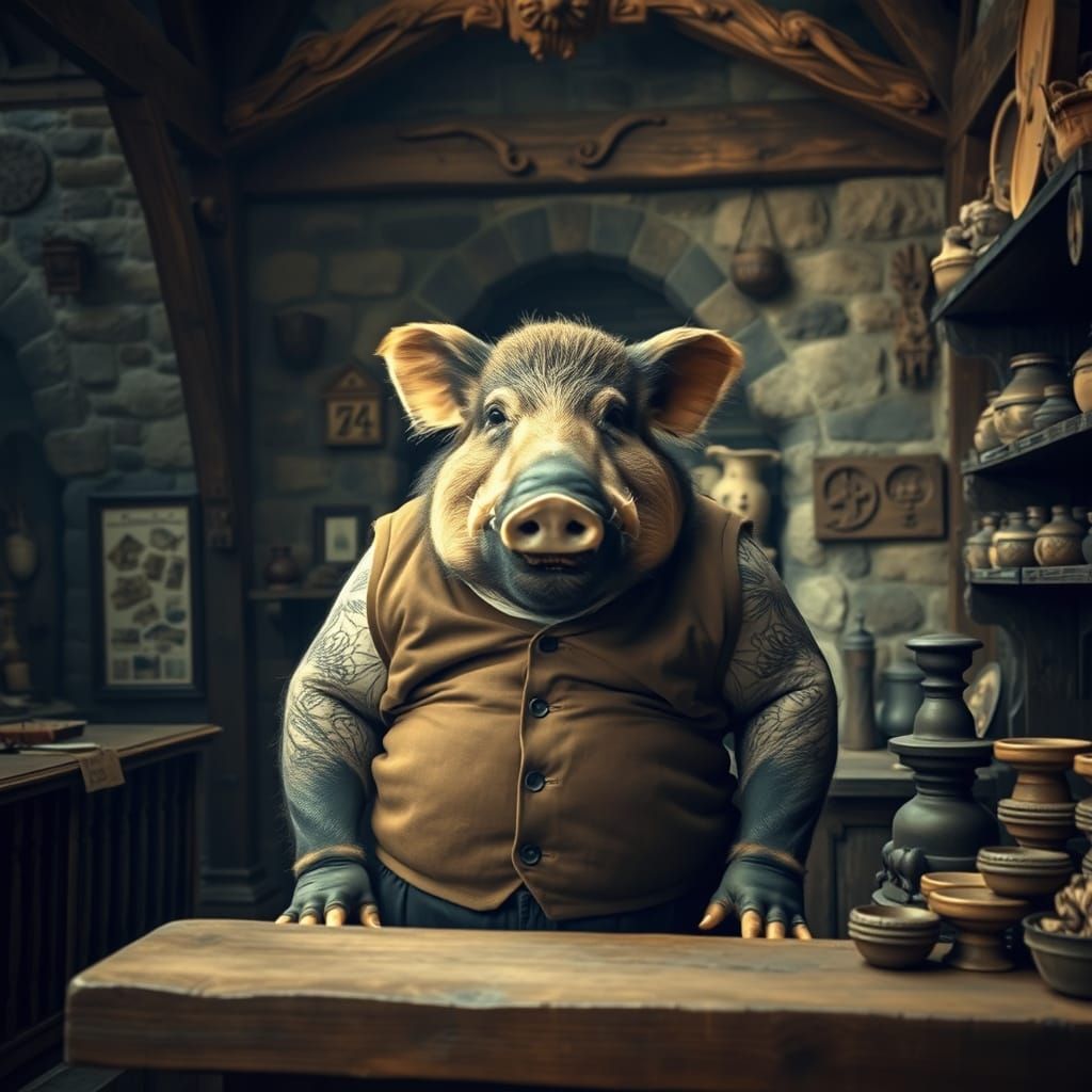 Boar Shopkeeper in Medieval Shop, Film Photography Style