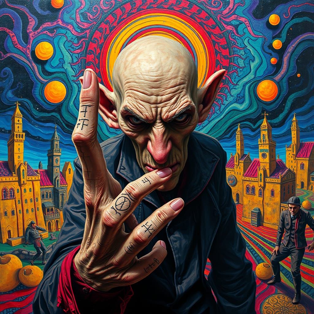 Surreal Man with Cryptic Symbols in Expressionist Style