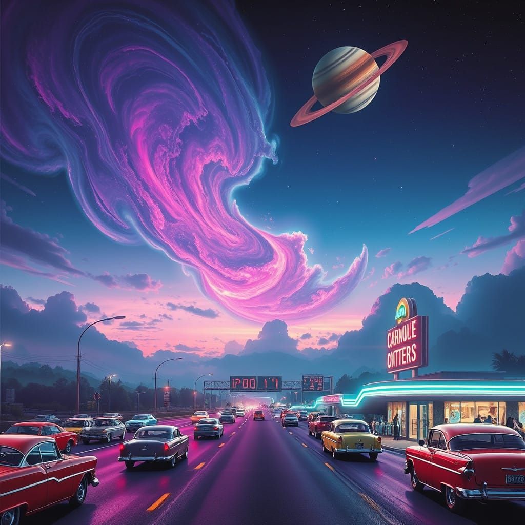 Classic Highway Under Retro Futuristic Space Sky with Swirli...