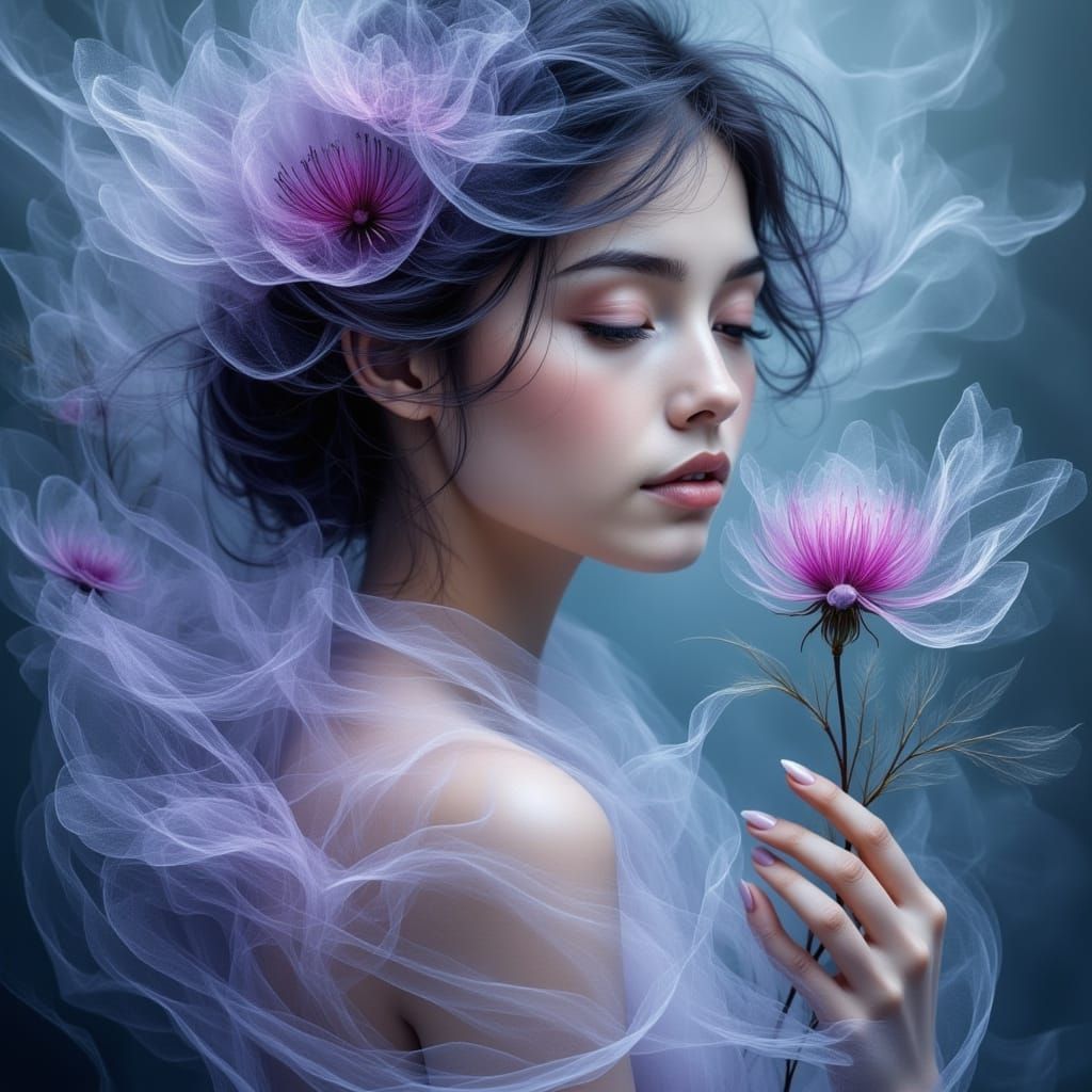 Ethereal Woman with Astral Thistle in Dreamy Style