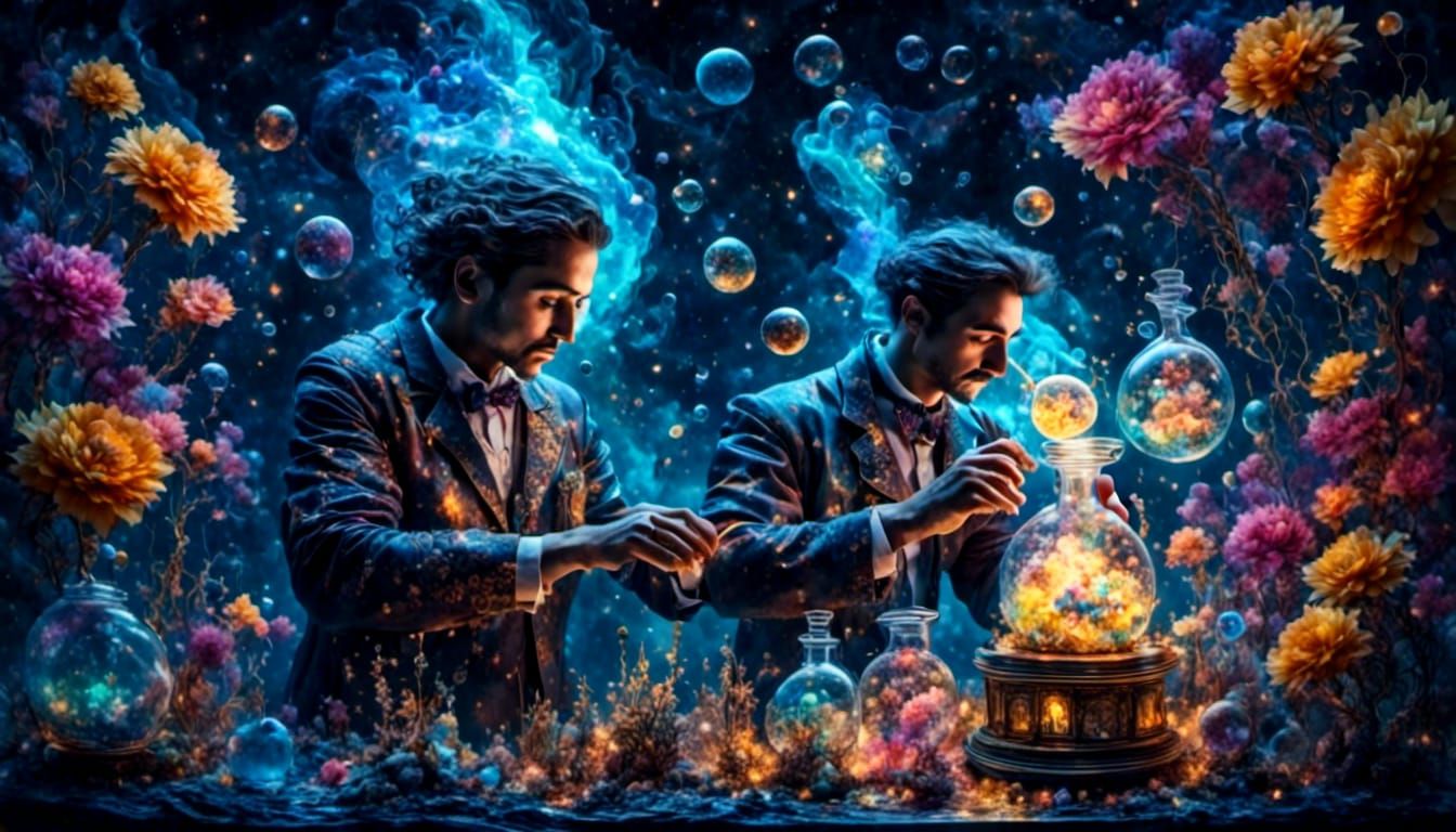 Surreal Scientist with Glowing Beaker, Oil Painting