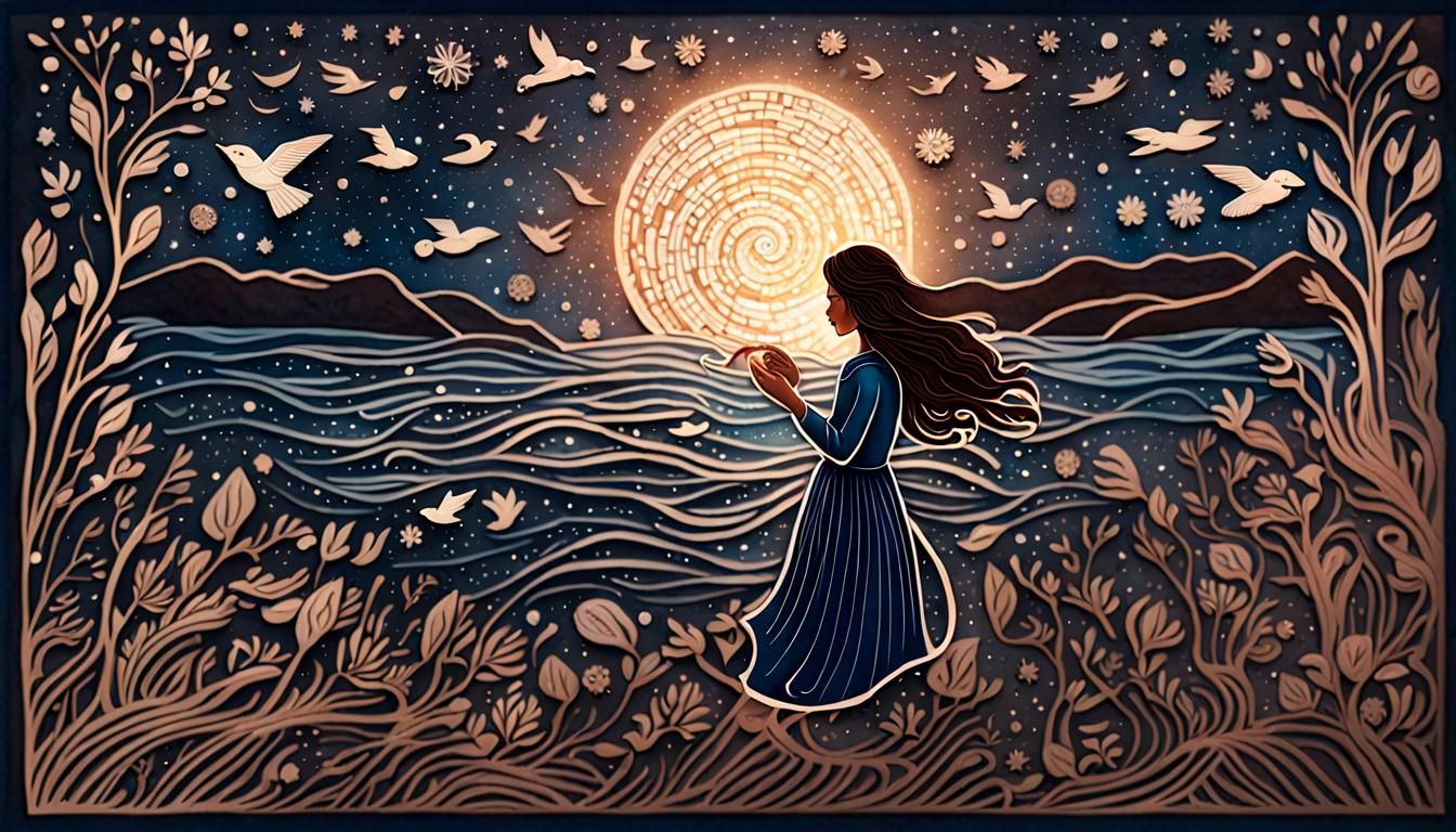 Woman Holding Galaxy in Surreal Watercolor Universe