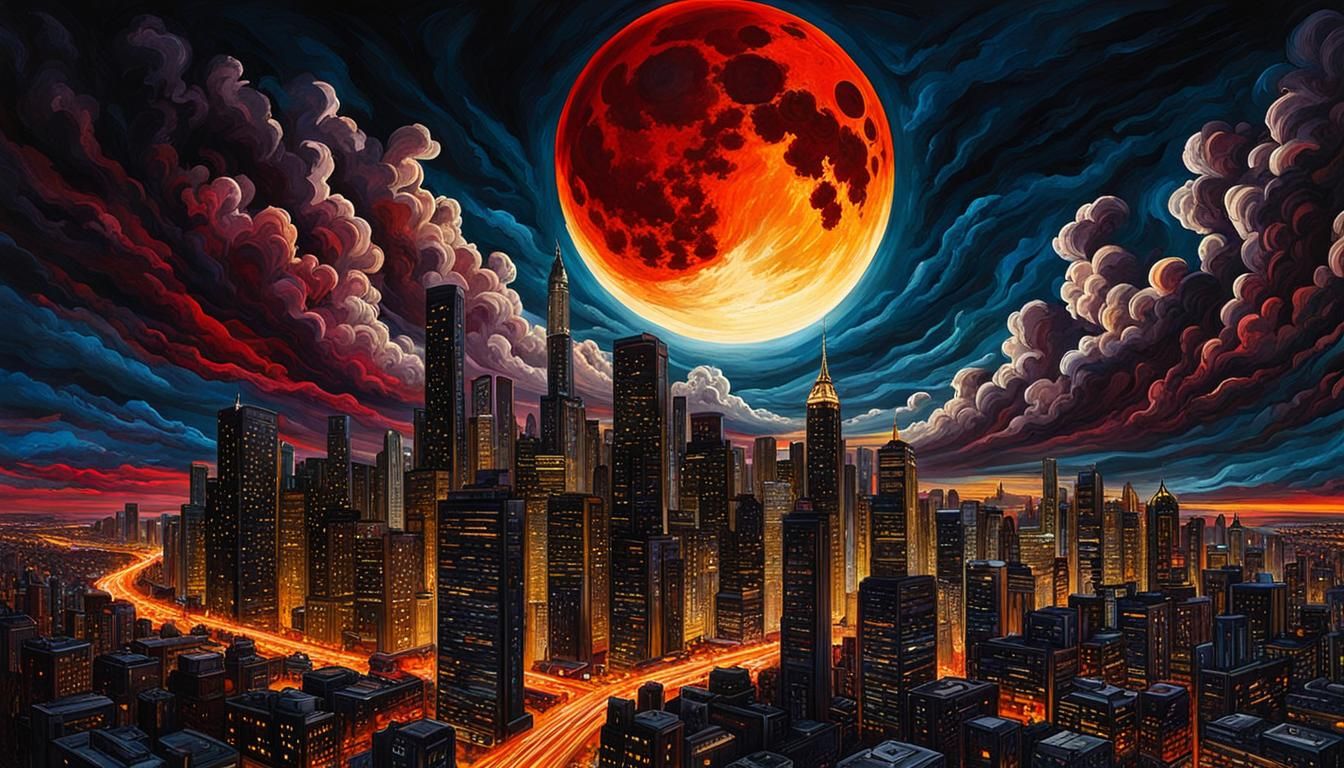 Sinister Blood Moon Over Sin City Nightscape