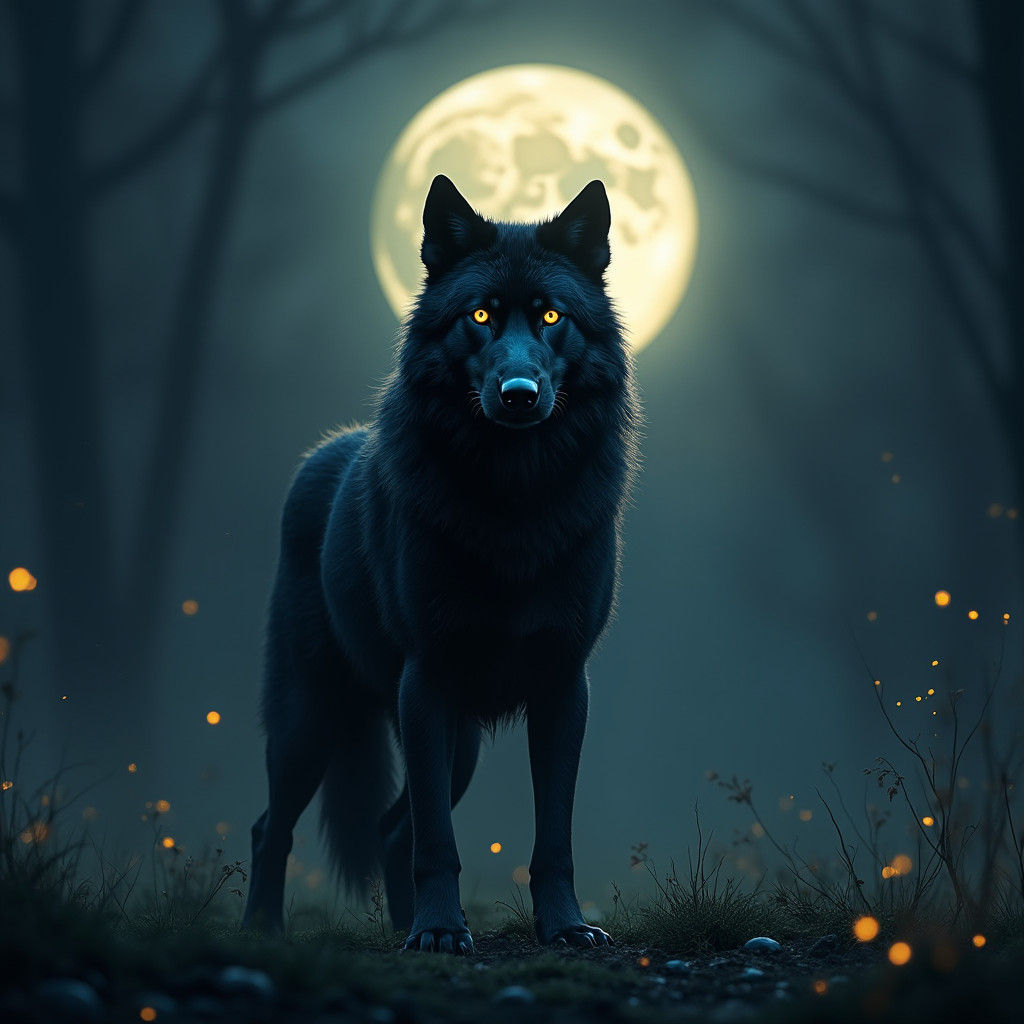 Majestic Black Wolf Under a Radiant Moon