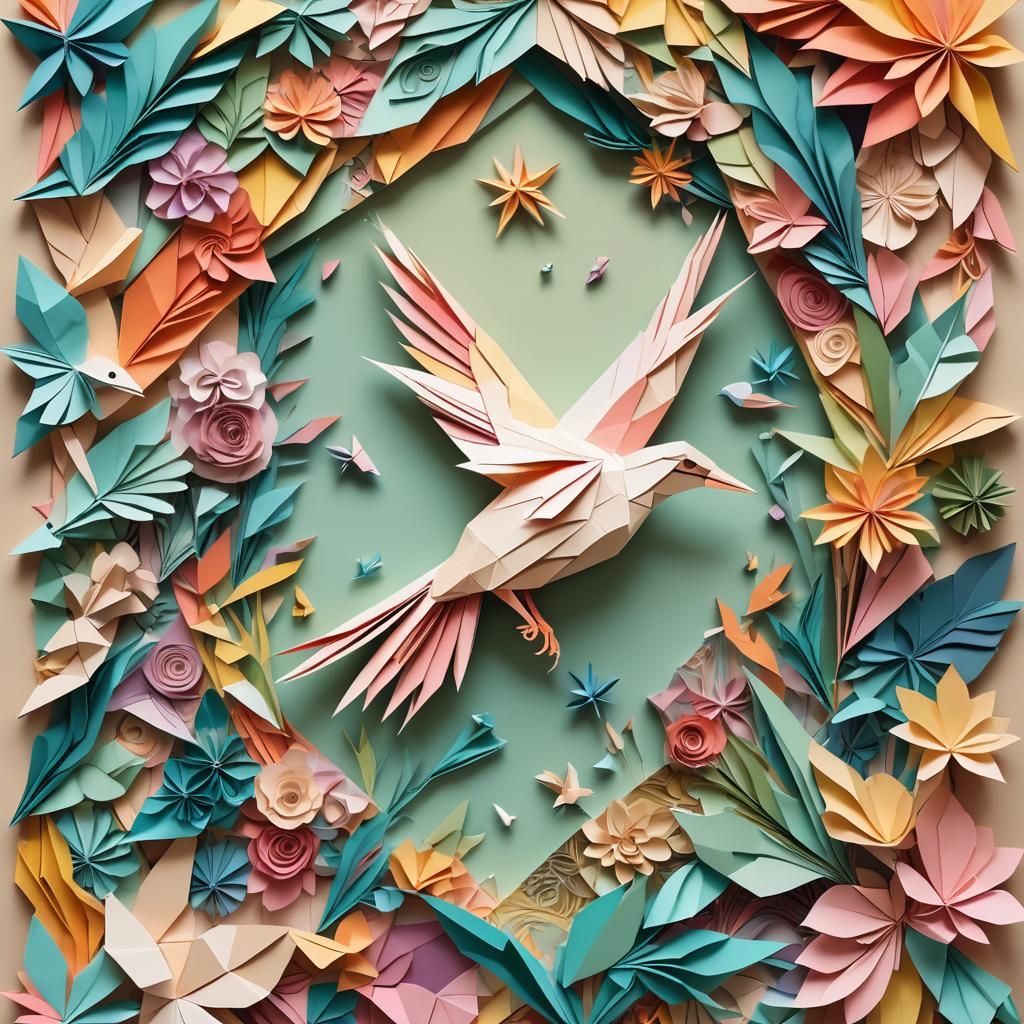 Origami Bird Admiring Tapestry in Papercraft Art